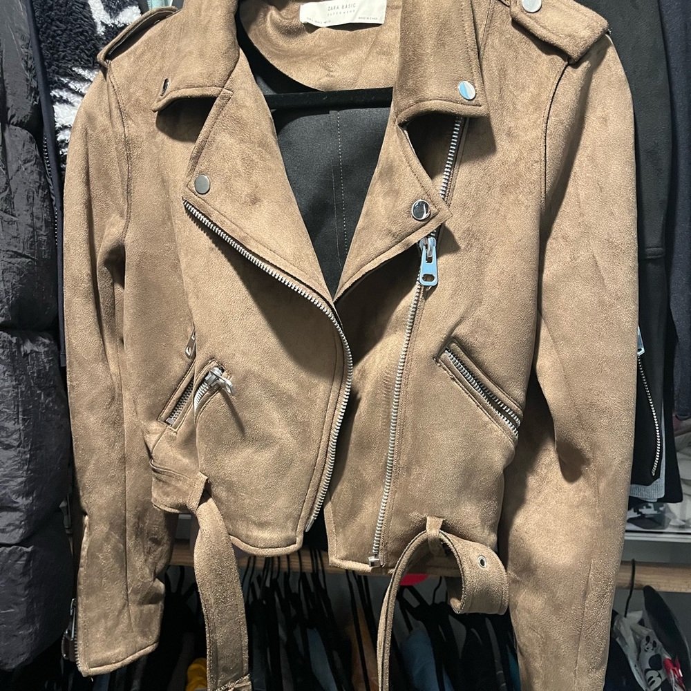 Zara Tan Faux Suede Moto Jacket with Belt